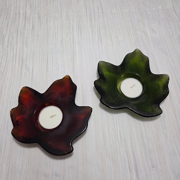 Unbranded Pebbled Textured Orange Green Maple Leaf Tealights (Set of 2) - Picture 1 of 6